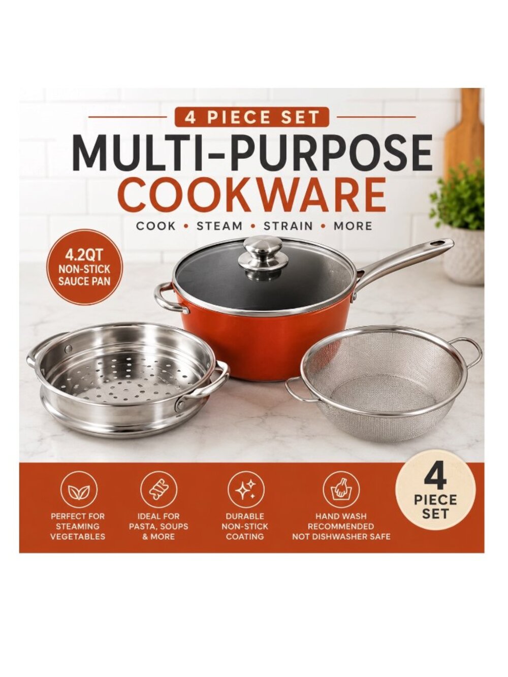 Multi-Purpose Cookware 4-Piece Set – Burnt Orange Deluxe Kitchen Set